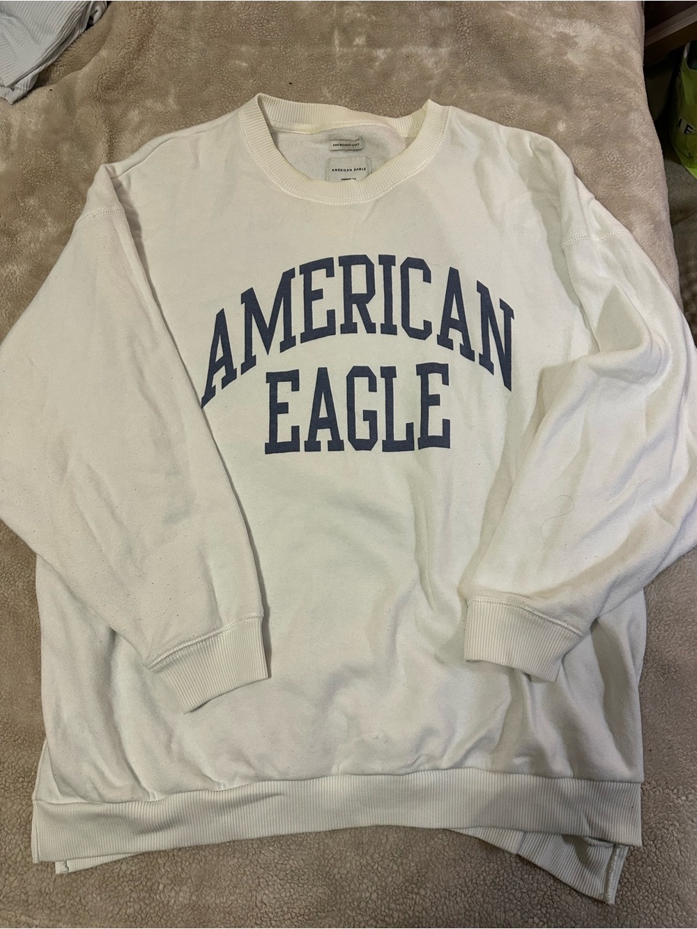 American Eagle Outfitters Women’s White Crewneck with Navy Logo Text